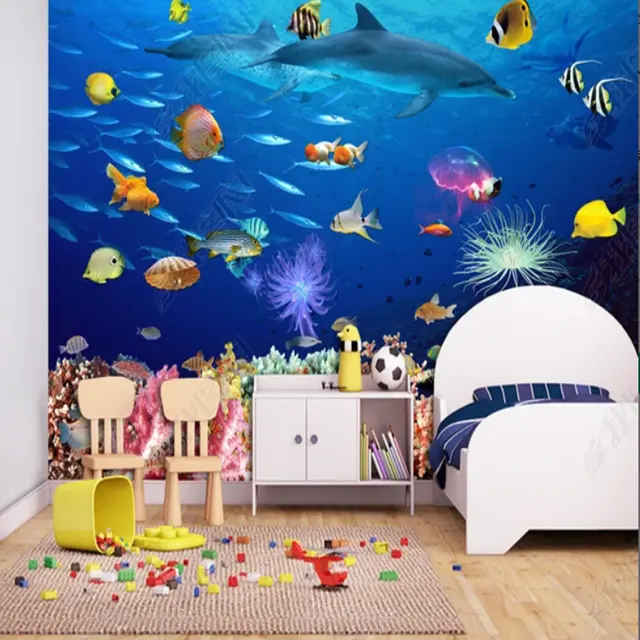 Autocollant mural pour chambre d'enfants, dessin animé world de la mer bleu marine, papier peint en usine chinoise