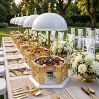 Plat à chafing 8L blanc et or en acier inoxydable ajouré avec couvercle suspendu pour buffet et maintien au chaud des aliments, idéal pour les banquets de mariage au Moyen-Orient