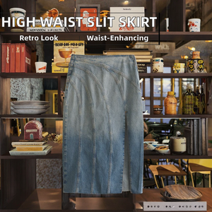 Women's Stonewashed Denim Pencil <b>Skirt</b> With Side Slit <b>Knee</b>-<b>Length</b> Casual Style Spring Wear - Product Image 2