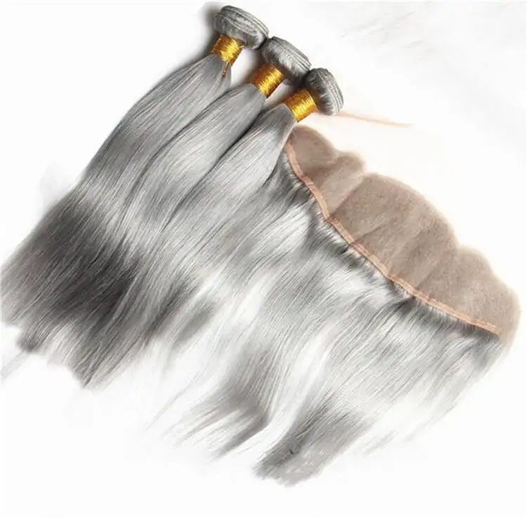 Cheap customized virgin Brazilian silver straight human hair weave pure gray color 3 bundles with hd lace frontal