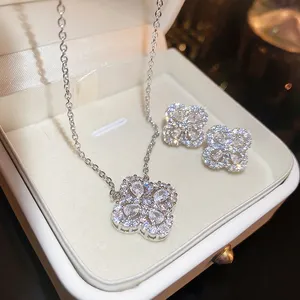 Classic delicate flower 925 silver needle earrings ladies fashion luxury zircon pendant necklace wholesale