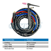 Torche de soudage TIG industrielle TEMWELL WP18 complète, refroidie par air, 250A, arc à l'argon avec valve et câble plaqué cuivre de 12,5 pieds