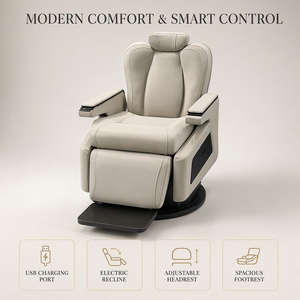 Electric Reclining Barber Salon <b>Chair</b> <b>Cream</b> White PU <b>Leather</b> with Heavy-Duty Hydraulic Pump USB Charging Port for Barber Shop - Product Image 3