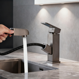 Robinet de lavabo rétractable avec tête de pulvérisation extensible Mélangeur en aluminium Robinet d'évier de salle de bain moderne - Product Image 6