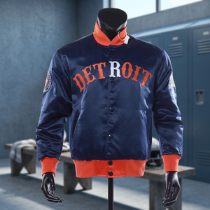 Chaqueta Bomber Azul Marino Vintage para Hombre con Cuello Naranja, Letra Bordada Detroit, Cuello Alto Cortavientos - Product Image 2