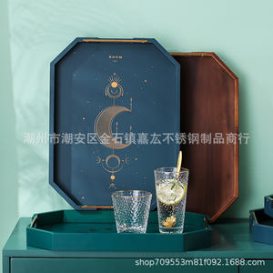 ถาดเสิร์ฟทรงแปดเหลี่ยมสีเขียวอมฟ้าพร้อมหูจับโลโก้สีทองสำหรับเสิร์ฟชาและกาแฟ - Product Image 3