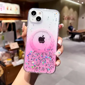 Gradient Color Transparent Soft TPU Glitter Wireless Charging Mobile Phone Case For IPhone 15 Pro Max 14 Plus 13 12 11