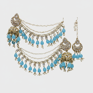 Bridal Ethnic Chandelier Drop Earrings Claw Setting Pearl Chain Matching Maang Tikka Alloy Gold Plated Vintage Traditional - Product Image 2