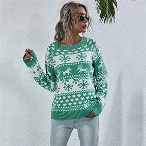 Women Europe USA Christmas Sweater Ladies 2021 Autumn Winter Pullover Girls Fancy Jacquard Red Snowflake Knit Sweater