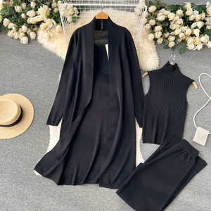 Kustom 3 buah kardigan cocok Sweater celana kaki lebar dan Crop Top Set pakaian musim gugur wanita 2023 - Product Image 4