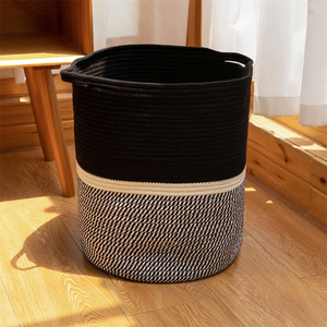 Woven Storage <b>Basket</b> Cotton Rope Round Clothing Organizer <b>Foldable</b> Handle Black Gray White Tones - Product Image 3