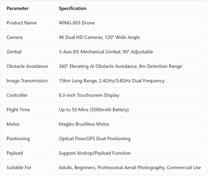 Dron de Fotografía Aérea 5G Todo Terreno Wing003 con Cámara 4K HD, IA y Evitación de Obstáculos 360° Multifuncional - Product Image 6