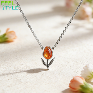 <span class=keywords><strong>Collana</strong></span> con Pendente a <span class=keywords><strong>Tulipano</strong></span> in Zircone Arancione Rosato 5A, Catena a O in Acciaio Inossidabile 316L Placcato Oro PVD Personalizzato, Ciondolo a Fiore - Product Image 5
