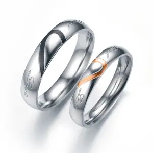 5毫米防水不褪色心形结婚情侣戒指不锈钢黑色珐琅半心形承诺戒指