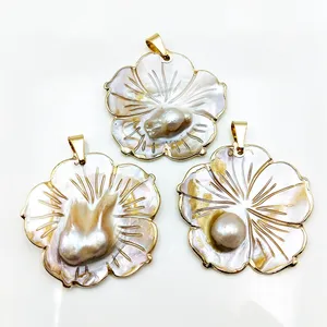 Wholesale natural hand made carved flower jewellery oyster white mother of pearl shell charms pendants for necklace making