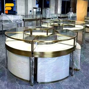 <span class=keywords><strong>Vitrine</strong></span> à bijoux ronde haut de gamme en verre, comptoir <span class=keywords><strong>d</strong></span>'exposition modulaire doré, aménagement intérieur de magasin de luxe - Product Image 3