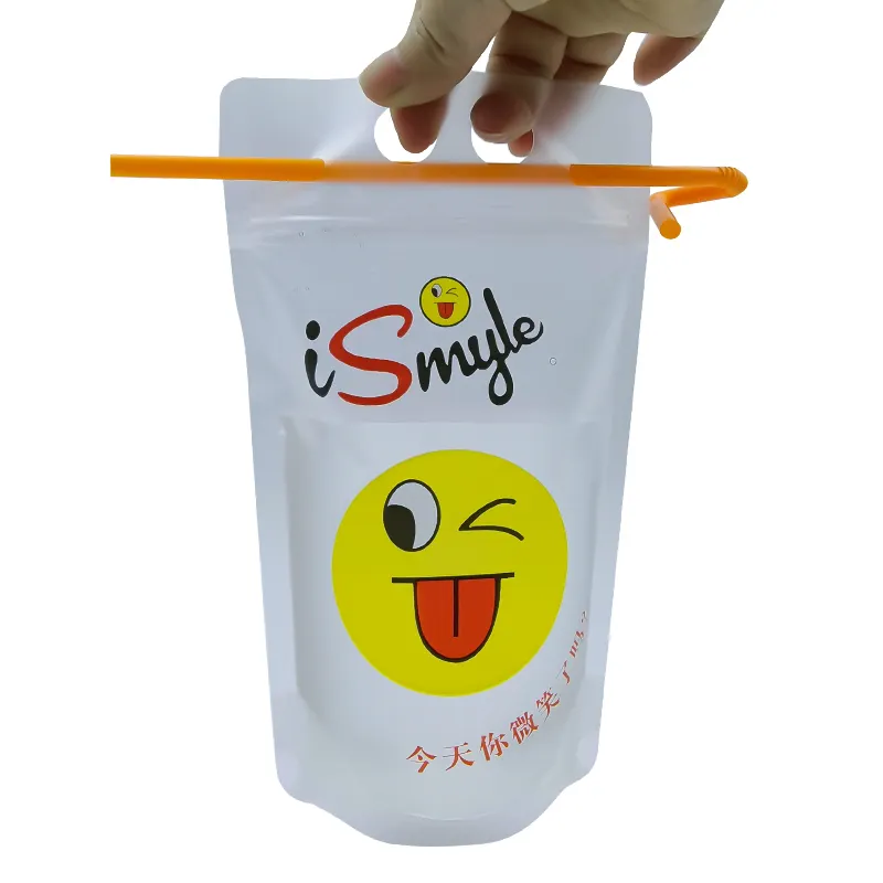 Logo kustom kantung berdiri emblem minuman bening transparan Daur Ulang kantong plastik kantung minuman Sachet dengan sedotan jus