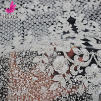 HY3575 Tissu de Mariée Français Classique de Luxe, Dentelle Blanche 3D Lourde Perlée avec Sequins, Vente en Gros Asobei