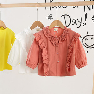 Ropa Infantil al por Mayor para Niñas Estilo Coreano, Camisa de Manga Larga con Flores y Diseño Liso - Product Image 2