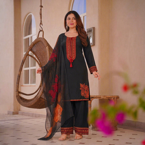 Conjunto de traje pakistaní negro, salwar kameez bordado, kurta, palazzo, dupatta estampada, ropa formal para mujer - Product Image 1