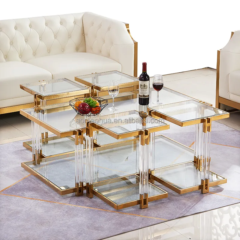 Master Design 1+4 Stainless Steel Coffee Table Set Tempered Glass Center Tables Units Deco Clear Acrylic Tea Tables with Storage