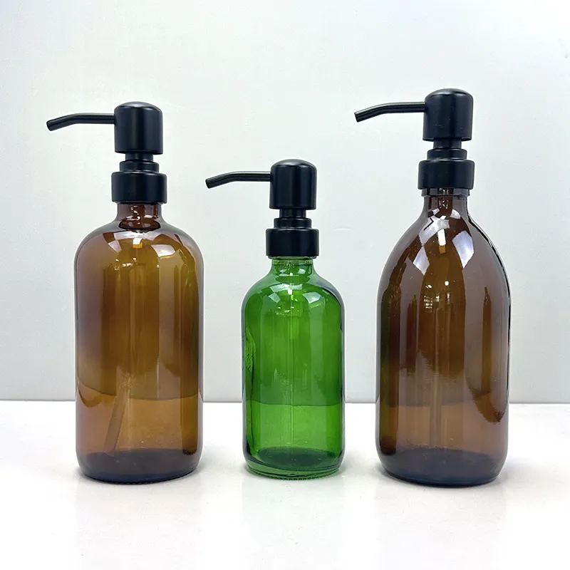 250ml 500ml 8oz 16oz Boston Round Hand sanitizer and body wash amber green Glass Bottles Stainless Steel Pump For hotels