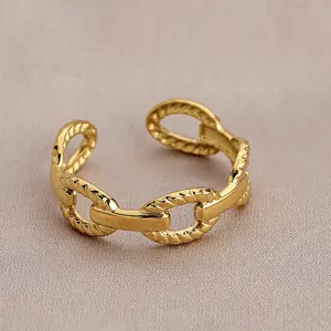 Anillo ajustable abierto de acero inoxidable chapado en oro para hombre y mujer, joyería de moda, anillo de cadena de plumas de hoja hueca