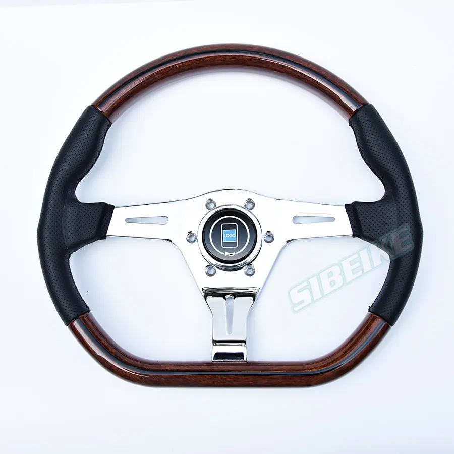 Modified 14Inch Silver Chrome Universal Racing Remote D Shape Wooden Car Steering Wheel