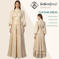 Robe longue élégante abricot à col montant pour femme, manches bouffantes, taille froncée, à volants, fluide, en mousseline brillante, robe de soirée modeste, vente en gros