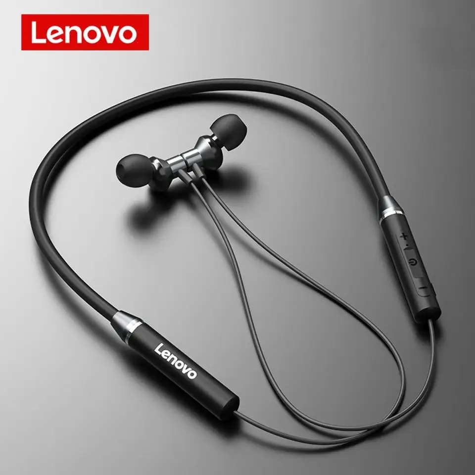 Headphone Lenovo HE05 Asli Earphone Custom Suara Stereo 9D dengan Mikrofon Peredam Kebisingan CVC Headphone Neckband Nirkabel