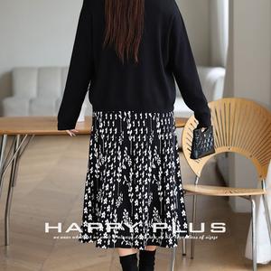 กระโปรงมิดิทรงเอไลน์เอวสูงผ้าถักพิมพ์ลายดอกไม้สีดำสำหรับผู้หญิงไซส์พลัส รุ่น N9030 - Product Image 2