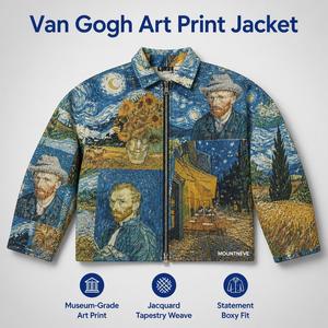 Veste pour homme à imprimé peinture à l'huile, col en tapisserie tissée, fermeture éclair, style artistique vintage, décontractée, quotidienne, streetwear urbain, sur mesure - Product Image 1
