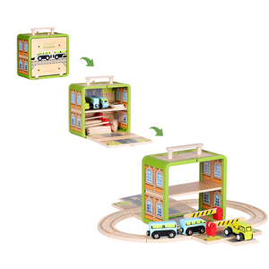 Circuit de train portable 3-en-<span class=keywords><strong>1</strong></span> en bois pour enfants avec garage de stationnement et voitures magnétiques, jouets Montessori pour enfants - Product Image 2