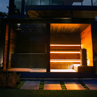 Desain Modern Sauna Luar Ruangan Kayu Cedar Merah Elektrik Eksterior Hitam Kaca Panoramik Lampu LED Uap Kering Inframerah Jauh 4-6 Orang Dingin