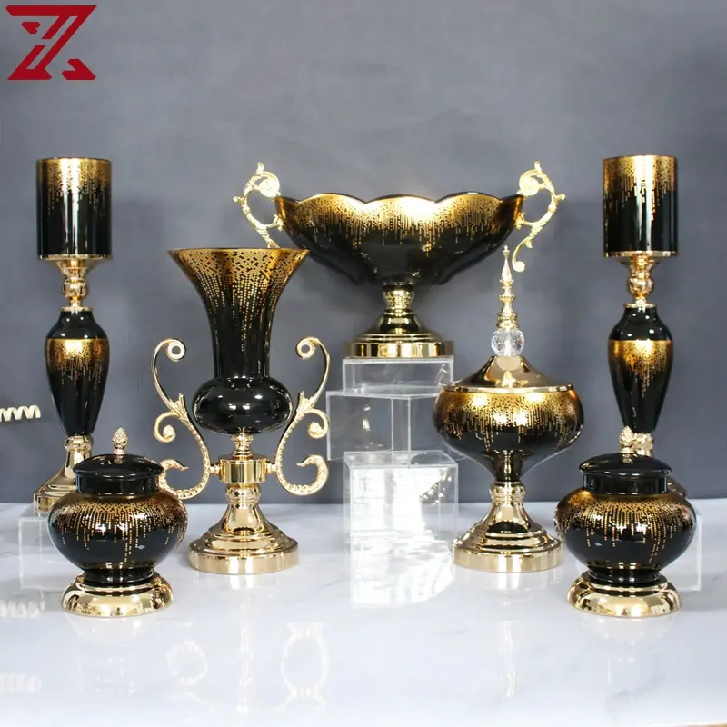 factory outlet luxurious black glass with golden decal glass pot flower vase fruit bowl glass home decor set for gift
