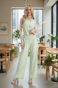 Completo da donna Lily & Rose in maglia a pois, top con scollo all'americana e pantaloni lunghi, traspirante, vestibilità ampia, per l'abbigliamento casual estivo - Product Image 2