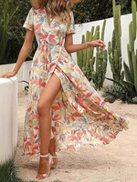 Robe longue trapèze pour femme à col en V et manches courtes, imprimée numériquement, style vintage décontracté, élégant, ample et amincissant