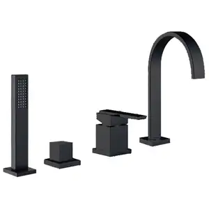 Modern Hot Cold Water Tap Deck Mounted 4 Hole Matt Black Brass Bath &Shower Faucets with Handle Shower