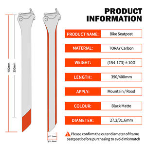 TOSEEK Vente en gros usine Tiges <span class=keywords><strong>de</strong></span> <span class=keywords><strong>selle</strong></span> en fibre <span class=keywords><strong>de</strong></span> carbone 27.2/30.8/31.6mm pour vélos <span class=keywords><strong>de</strong></span> <span class=keywords><strong>route</strong></span>/VTT 350/400mm Recul 0mm Conception aérodynamique légère OEM - Product Image 2