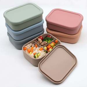 Eco-friendly food storage container kitchen silicone bento lunch box container with lid 3 compartment divider for kid and adults