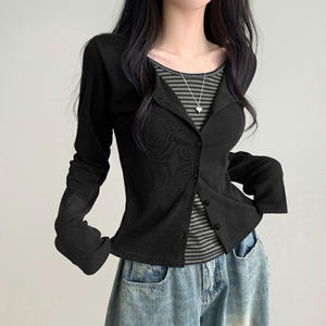 Camiseta de Punto de Manga Larga con Botones y Bloques de Color para Mujer, Estilo Casual, Ajustada, para Uso Diario - Product Image 6