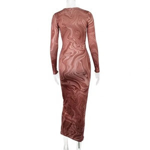 Robe longue décontractée et sexy à col rond et manches longues, imprimée, ajustée et élastique, collection automne, conçue sur mesure par un créateur de mode - Product Image 4