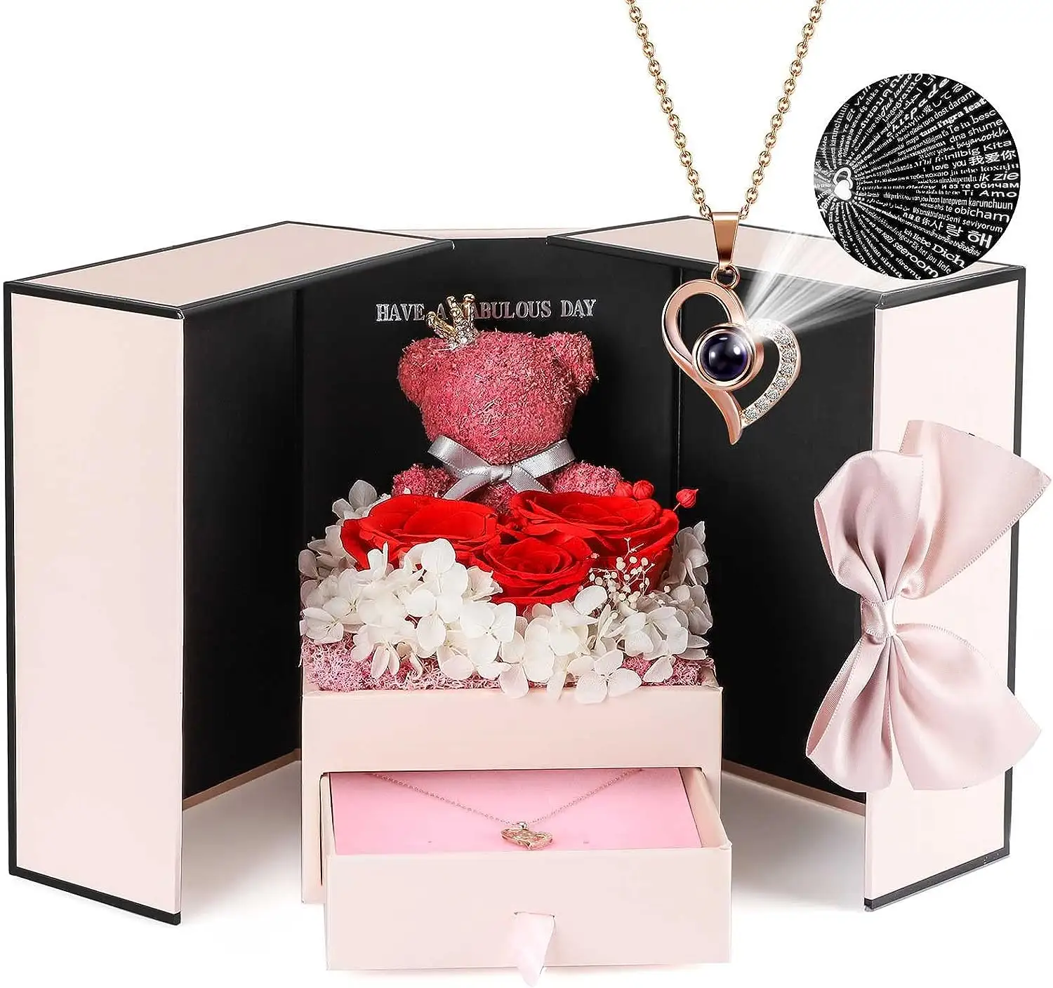 Coffret cadeau de Noël Saint Valentin Fleur éternelle Roses Ours mignon Roses conservées Boîte à bijoux avec collier Cadeaux pour maman Femmes