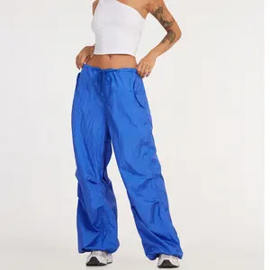 Pantalon Cargo bleu avec cordon de serrage pour femme, survêtement coupe-vent en Nylon, pantalon de Parachute