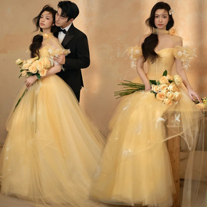 Off Shoulder Beige Tulle Wedding Dress Empire Waist Ball Gown Sweetheart Neckline Vintage Style For Photography - Product Image 4