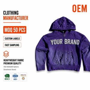 Sudadera con capucha para hombre, de algodón grueso, estilo Y2K grunge, con perlas incrustadas, lavada, color morado, con cremallera completa, de la marca Clothing Manufactur Custom. - Product Image 1
