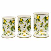 Senny Ensemble de 3 boîtes en émail 11, 13, 15 cm, motif botanique citron, pot de rangement à bord doré avec couvercle et bouton en cristal, vente en gros usine