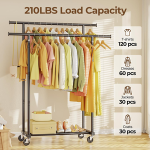 Double Rods Clothes Stand Rolling Clothing <strong>Rack</strong> for Hanging Clothes Portable <strong>Wardrobe</strong> Stand Metal Garment <strong>Rack</strong> Sturdy Coat <strong>Rack</strong> - Product Image 3