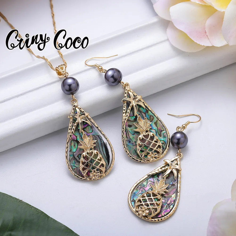 Cring coco colar de pérolas, colar de pérolas concha abalone flor de abacaxi ultraan conjunto havaiano