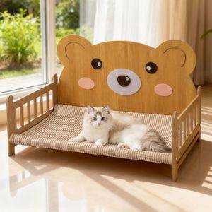 Lit de luxe surélevé pour animaux de compagnie, lit de camp extérieur surélevé avec planche en bois et escalier intégré, mobilier moderne pour animaux, griffoir en sisal - Product Image 3